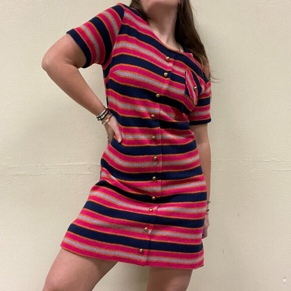 Vintage 70s Handmade Striped Mod Knit Sweater Shift Dress | Size M/L - Picture 5 of 12